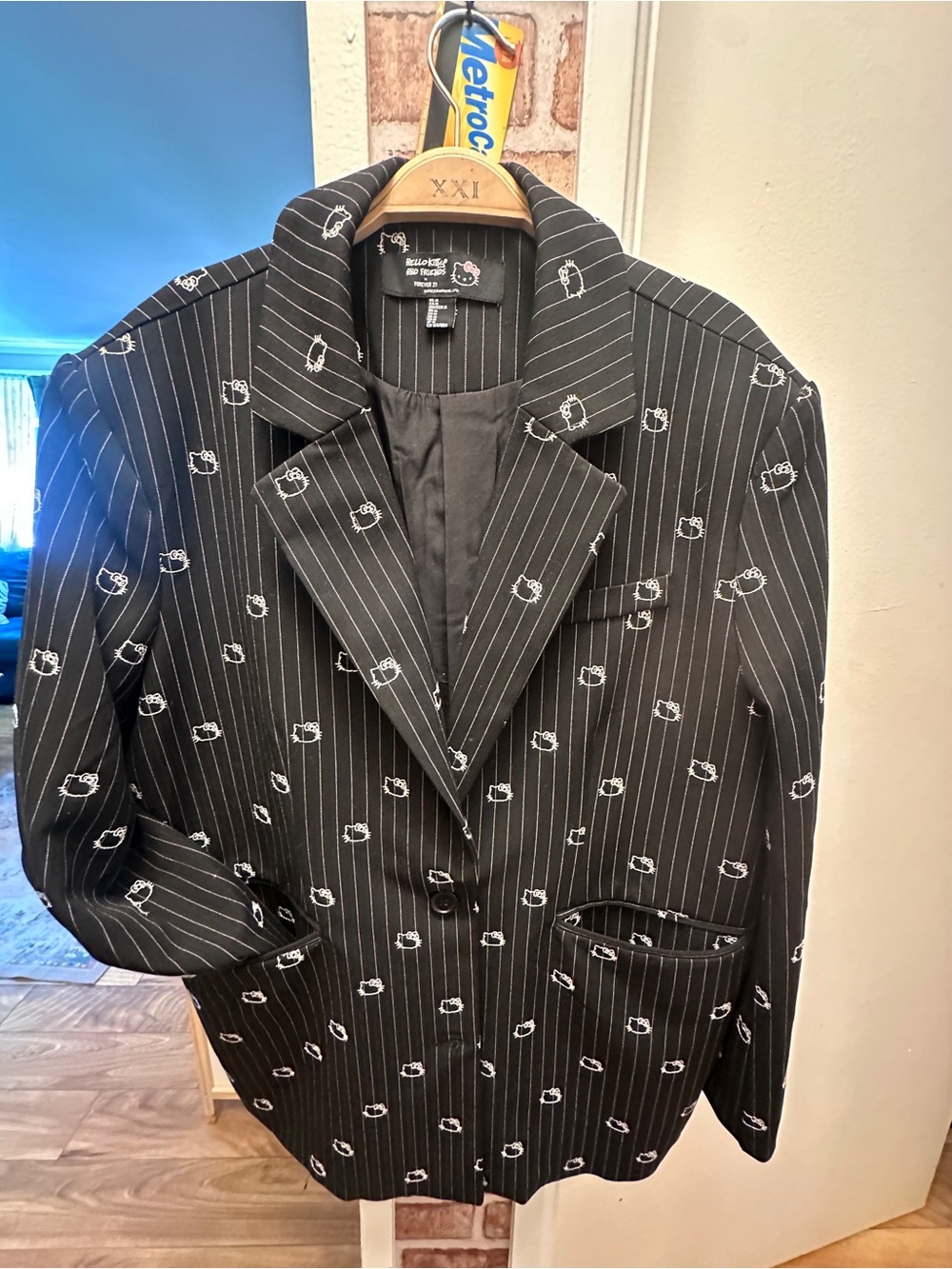 Hello Kitty Black Pinstripe Blazer with White Embroidered Motifs| Size: M